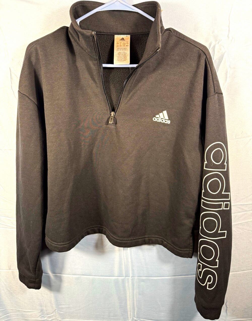 Adidas Women Large 16-18 Black Quarter Zip Pullover Sweatshirt Sleeve Logo